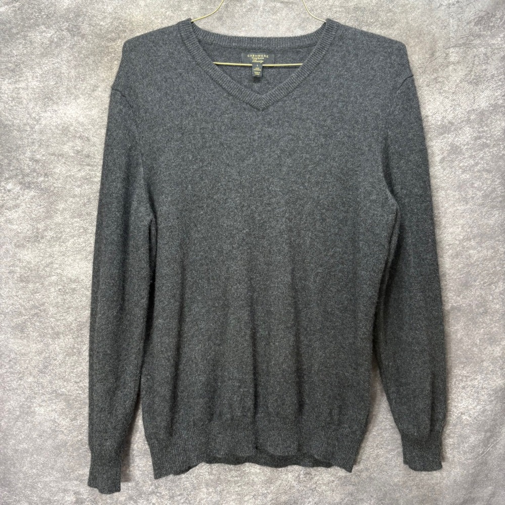 Club Room Luxury 100% Cashmere V-Neck Sweater Jumper Mens L Charcoal Gray Preppy
